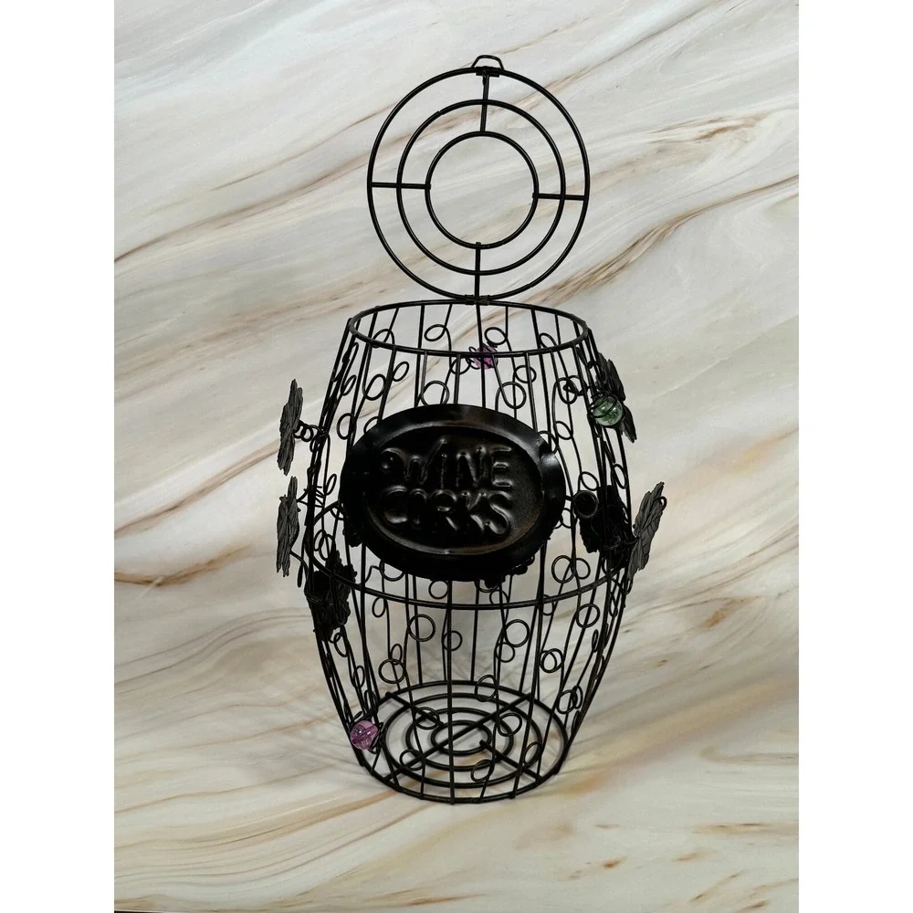 Metal Wine Cork Barrel Decorative Holder Glass Beads Sturdy 6.5 x 6.5 x 9.5